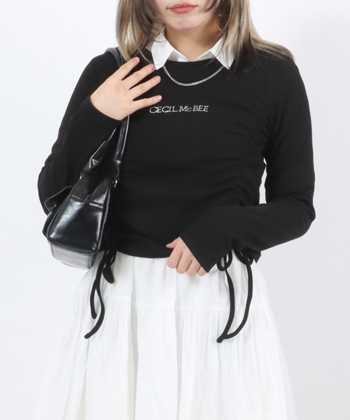 CECIL McBEE（セシルマクビー）の「CECIL McBEE（セシルマクビー）ギャザードロストリボン ラインストーンロゴリブニットロンT レディース/長袖（Tシャツ/カットソー・レディース・オフホワイト/ブラック・M/L）」の8枚目の写真