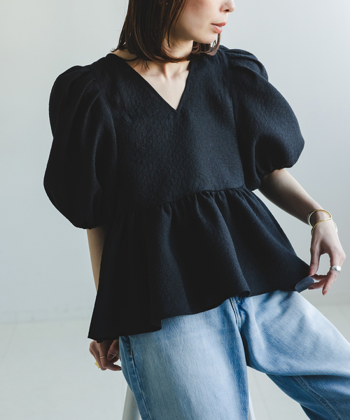 【タグ付】NOBLE シアーノイズジャガードブラウス　ホワイト 追加》【洗える】シアーノイズジャガードブラウス（シャツ