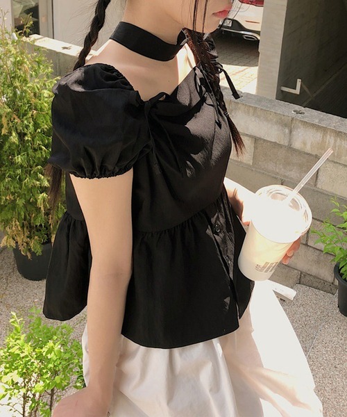 Lace Ladies(レースレディース)の「チョーカー付き リボン ペプラム パフスリーブ ブラウス(シャツ/ブラウス・レディース・ホワイト/ブラック・FREE)」の5枚目の写真
