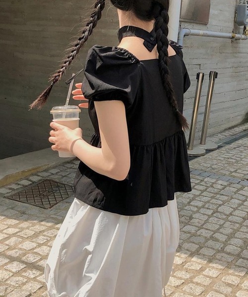 Lace Ladies(レースレディース)の「チョーカー付き リボン ペプラム パフスリーブ ブラウス(シャツ/ブラウス・レディース・ホワイト/ブラック・FREE)」の7枚目の写真