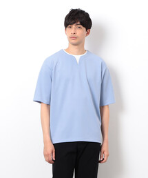 半袖 フェイクレイヤード キーネックＴシャツ