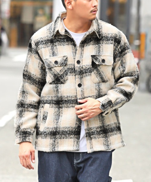LUXSTYLE(ラグスタイル)の「起毛チェック柄シャツジャケット(ブルゾン・メンズ・ブルー/ブラック・L/M/XL)」の1枚目の写真