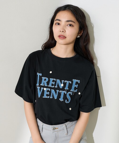 セール】デニムロゴデイジーTシャツ/フラワー刺繍Tシャツ（T