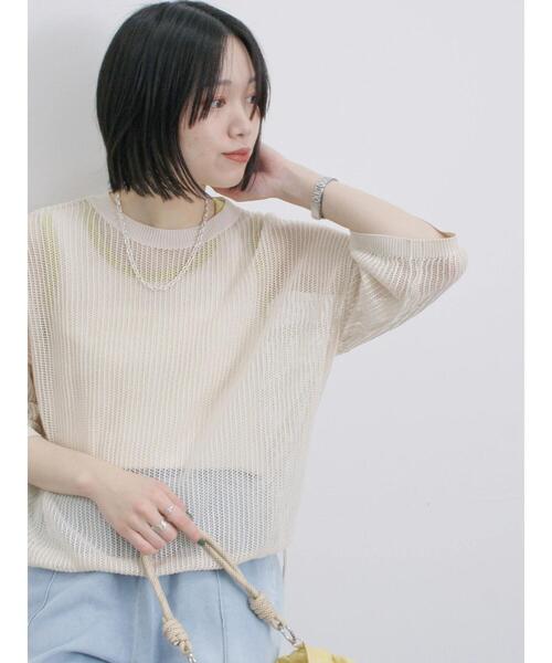 Samansa Mos2 blue（サマンサモスモスブルー）の「メッシュプルオーバー（ニット/セーター・レディース・チャコールグレー/キナリ/ライトベージュ・F）」の2枚目の写真