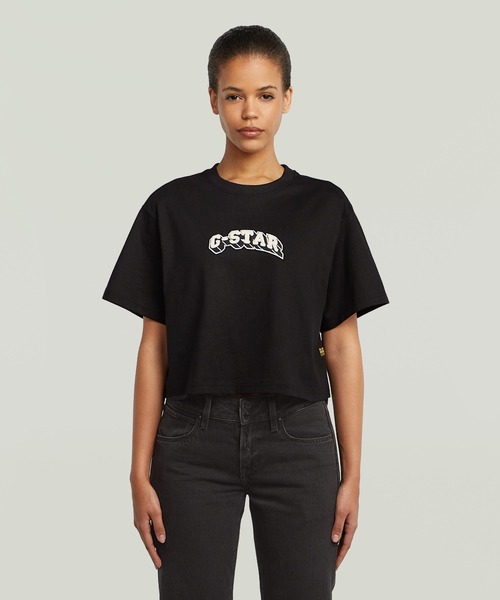 G-STAR(ジースター)の「Felt Logo Boxy T-Shirt/フェルトブランドロゴオーバーサイズボクシーフィットTシャツ(Tシャツ/カットソー・レディース・ダークブラック/オフホワイト・X-SMALL/SMALL/MEDIUM)」の1枚目の写真