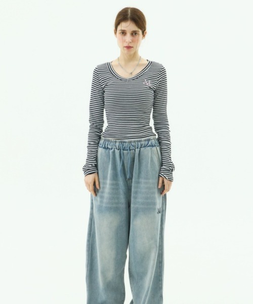 MUCENT（ムセント）の「◇MUCENT◇ブランド直輸入正規品/Vネック ストライプ ロンT　MMA V-NECK STRIPE LONG SLEEVE T（Tシャツ/カットソー・レディース・ホワイト×ブラック/ブラック・FREE）」の7枚目の写真