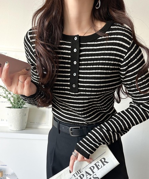 セール】もっちり柔らかな風合い。ミニケーブル編みヘンリーネック