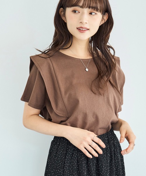 mil（ミル）の「ラッフルショルダーTシャツ 【587138】（Tシャツ/カットソー・レディース・ブラウン/オフホワイト/チャコールグレー・ONESIZE）」の3枚目の写真