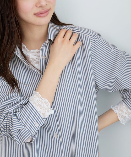 BELLUNA PLUS(ベルーナ)の「イージーケア!コットンタッチシャツ(シャツ/ブラウス・レディース・ストライプ/チャコール/ブルー/オフホワイト・MEDIUM/X-LARGE/LARGE)」の4枚目の写真