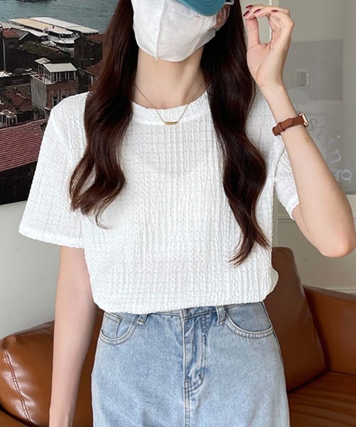 Doula Doula（ドゥーラドゥーラ）の「クルーネックジャガードTシャツ（Tシャツ/カットソー・レディース・ブラック/モカ/ホワイト/ブルー・M/L/XL）」の2枚目の写真