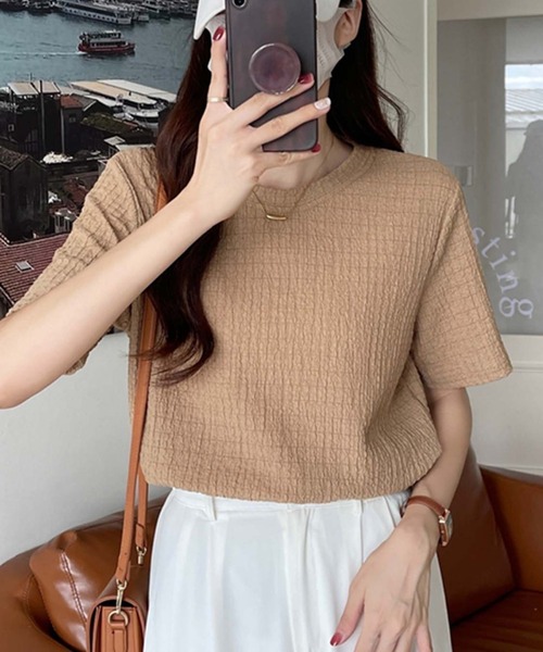 Doula Doula（ドゥーラドゥーラ）の「クルーネックジャガードTシャツ（Tシャツ/カットソー・レディース・ブラック/モカ/ホワイト/ブルー・M/L/XL）」の4枚目の写真