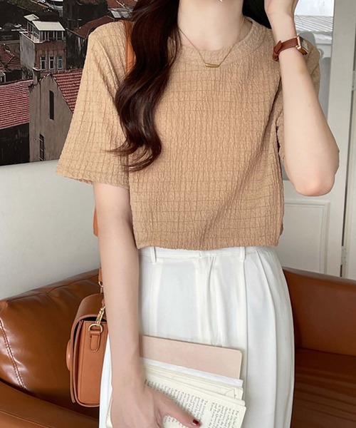 Doula Doula（ドゥーラドゥーラ）の「クルーネックジャガードTシャツ（Tシャツ/カットソー・レディース・ブラック/モカ/ホワイト/ブルー・M/L/XL）」の22枚目の写真