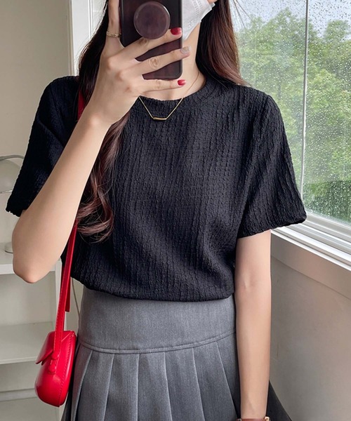 Doula Doula（ドゥーラドゥーラ）の「クルーネックジャガードTシャツ（Tシャツ/カットソー・レディース・ブラック/モカ/ホワイト/ブルー・M/L/XL）」の13枚目の写真