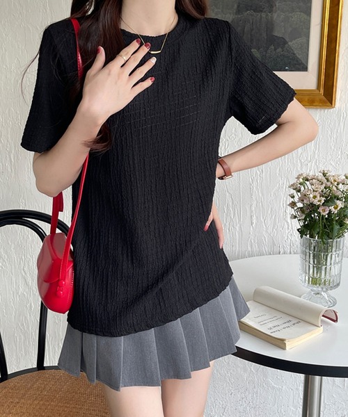 Doula Doula（ドゥーラドゥーラ）の「クルーネックジャガードTシャツ（Tシャツ/カットソー・レディース・ブラック/モカ/ホワイト/ブルー・M/L/XL）」の8枚目の写真