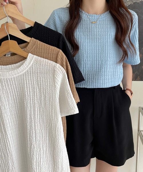 Doula Doula（ドゥーラドゥーラ）の「クルーネックジャガードTシャツ（Tシャツ/カットソー・レディース・ブラック/モカ/ホワイト/ブルー・M/L/XL）」の18枚目の写真