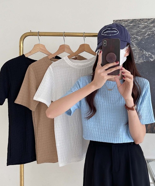 Doula Doula（ドゥーラドゥーラ）の「クルーネックジャガードTシャツ（Tシャツ/カットソー・レディース・ブラック/モカ/ホワイト/ブルー・M/L/XL）」の19枚目の写真