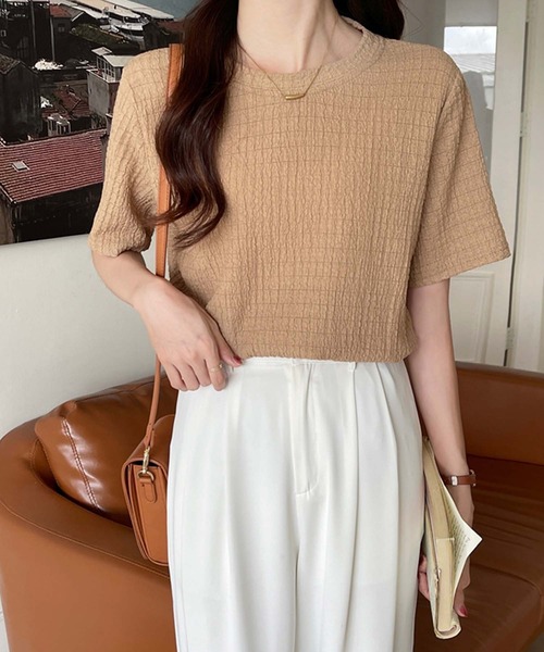 Doula Doula（ドゥーラドゥーラ）の「クルーネックジャガードTシャツ（Tシャツ/カットソー・レディース・ブラック/モカ/ホワイト/ブルー・M/L/XL）」の16枚目の写真