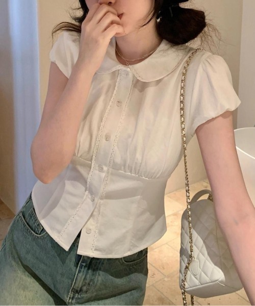 LADY LIKE(レディライク)の「ラウンドカラー胸ギャザー半袖シャツ(シャツ/ブラウス・レディース・ホワイト/ブラック/ピンク・M/S)」の6枚目の写真