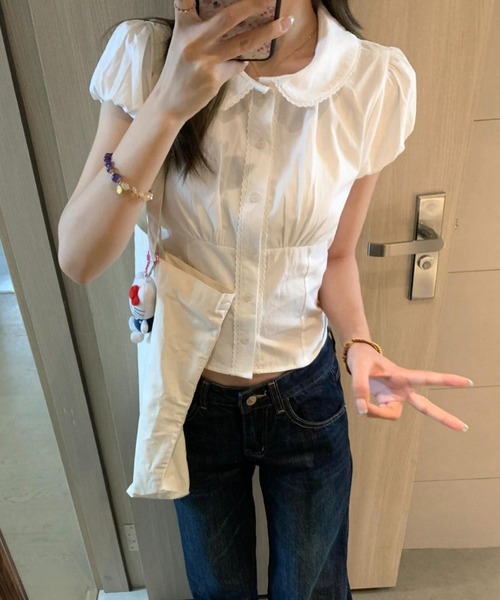 LADY LIKE(レディライク)の「ラウンドカラー胸ギャザー半袖シャツ(シャツ/ブラウス・レディース・ホワイト/ブラック/ピンク・M/S)」の16枚目の写真