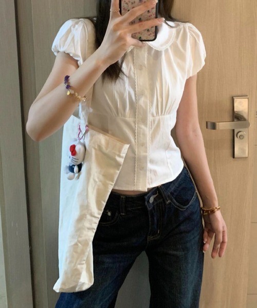 LADY LIKE(レディライク)の「ラウンドカラー胸ギャザー半袖シャツ(シャツ/ブラウス・レディース・ホワイト/ブラック/ピンク・M/S)」の15枚目の写真