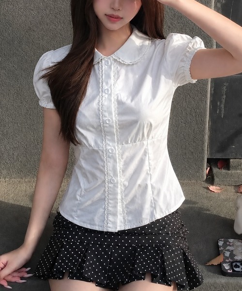 LADY LIKE(レディライク)の「ラウンドカラー胸ギャザー半袖シャツ(シャツ/ブラウス・レディース・ホワイト/ブラック/ピンク・M/S)」の12枚目の写真