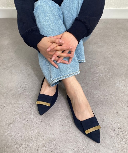 MAMIAN プレートバックル付き フラットパンプス MAMIAN パンプス ポインテッドトゥ トゥキャップ リボン付き