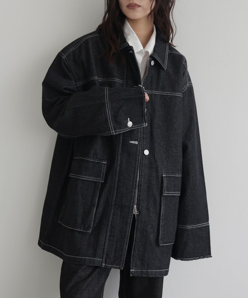 hellam（へラム）の「デニムミドルカバーオール（デニムジャケット・レディース・ブラック/インディゴブルー・FREE）」の6枚目の写真