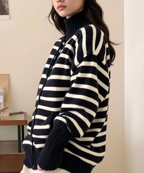 cammie(キャミー)の「ポケット付きフロントジップボーダーニットカーディガン(ニット/セーター・レディース・ホワイト/ブラック・F)」の10枚目の写真