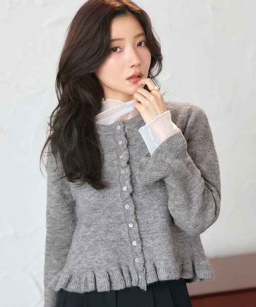 洗える ストレッチ ｜ フリル クルーネック カーデ ｜ レディース