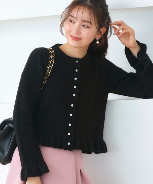 洗える ストレッチ ｜ フリル クルーネック カーデ ｜ レディース