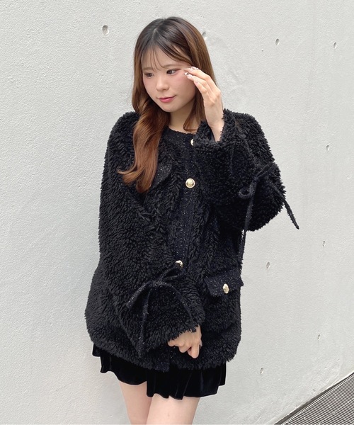 ノーカラー ブラックジャケット ノーカラーボアジャケット（ノーカラージャケット）｜one way