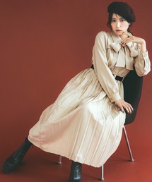 プリーツボウタイシャツロングワンピース