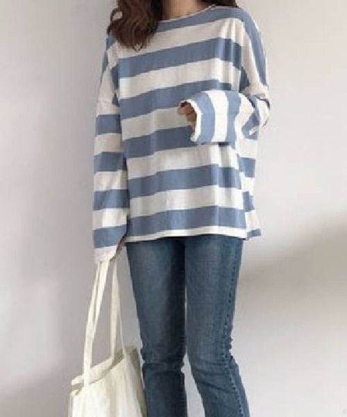 SPIGA(スピーガ)の「オーバーサイズボーダーロンT(Tシャツ/カットソー・レディース・ピンク/ブラック/ブルー・MEDIUM/LARGE)」の2枚目の写真