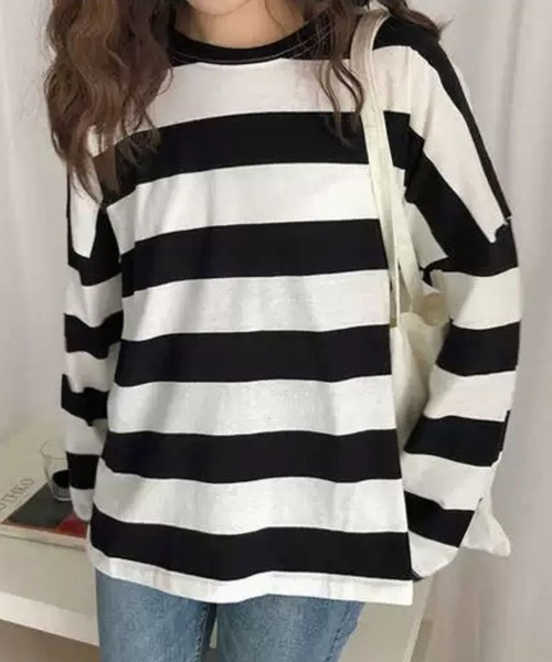 SPIGA(スピーガ)の「オーバーサイズボーダーロンT(Tシャツ/カットソー・レディース・ピンク/ブラック/ブルー・MEDIUM/LARGE)」の4枚目の写真