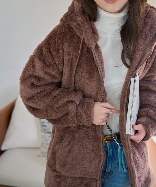 KOBE LETTUCE（コウベレタス）の「ファーフリースジップアップフーディー（パーカー・レディース・ベージュ/ピンクベージュ/ブラック/ブラウン・M）」の6枚目の写真