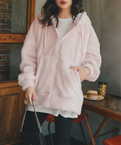 KOBE LETTUCE（コウベレタス）の「ファーフリースジップアップフーディー（パーカー・レディース・ベージュ/ピンクベージュ/ブラック/ブラウン・M）」の8枚目の写真