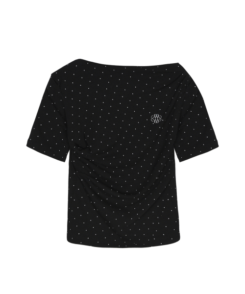 NICK&NICOLE(ニックアンドニコール)の「DOT HALF SHIRRING DRAPE BOAT NECK TOP_BLACK(Tシャツ/カットソー・レディース・その他・FREE)」の1枚目の写真