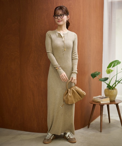 henry neck layered long knit dress /ヘンリーネックレイヤード