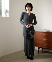 henry neck layered long knit dress /ヘンリーネックレイヤードデザインロングニットワンピース
