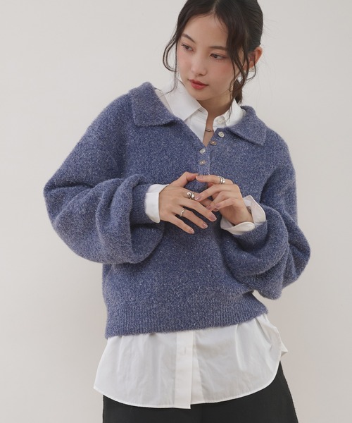 MUHET（ミュエータ）の「glitter shaggy polo knit / グリッターシャギーポロニット（ニット/セーター・レディース・チャコールグレー/モカ/ネイビー・FREE）」の5枚目の写真