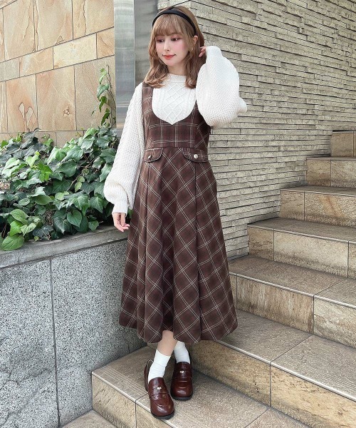 F i.n.t（フィント）の「ディープＶネックチェックジャンパースカート/fint フィント（ジャンパースカート・レディース・ネイビー/ブラウン/レッド・FREE）」の8枚目の写真