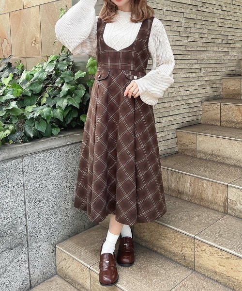F i.n.t（フィント）の「ディープＶネックチェックジャンパースカート/fint フィント（ジャンパースカート・レディース・ネイビー/ブラウン/レッド・FREE）」の9枚目の写真