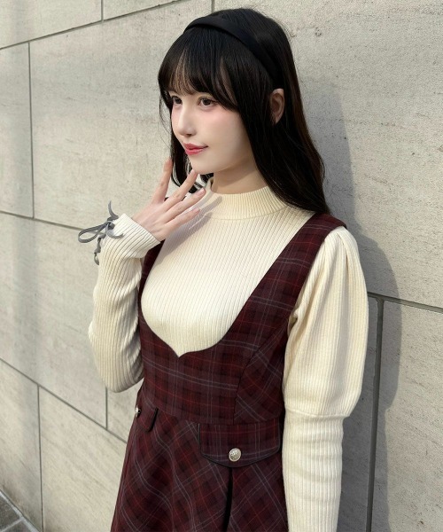 F i.n.t（フィント）の「ディープＶネックチェックジャンパースカート/fint フィント（ジャンパースカート・レディース・ネイビー/ブラウン/レッド・FREE）」の4枚目の写真