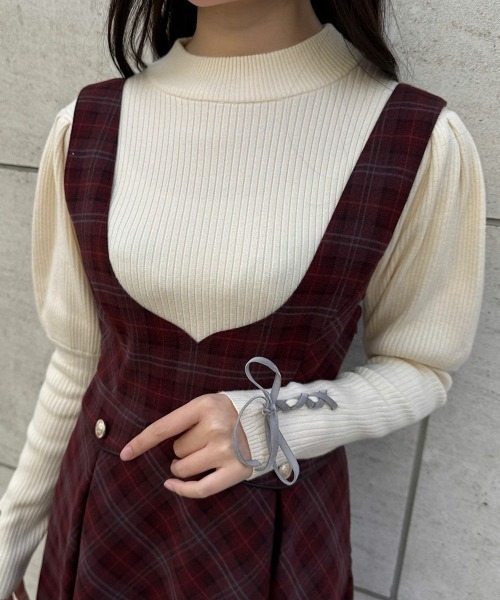 F i.n.t（フィント）の「ディープＶネックチェックジャンパースカート/fint フィント（ジャンパースカート・レディース・ネイビー/ブラウン/レッド・FREE）」の5枚目の写真