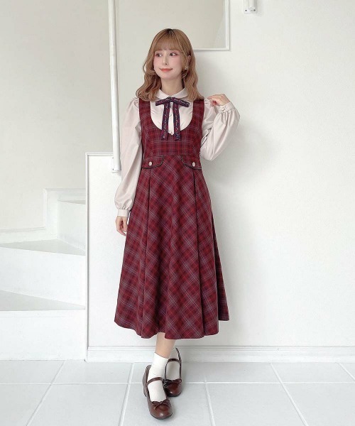 F i.n.t（フィント）の「ディープＶネックチェックジャンパースカート/fint フィント（ジャンパースカート・レディース・ネイビー/ブラウン/レッド・FREE）」の7枚目の写真