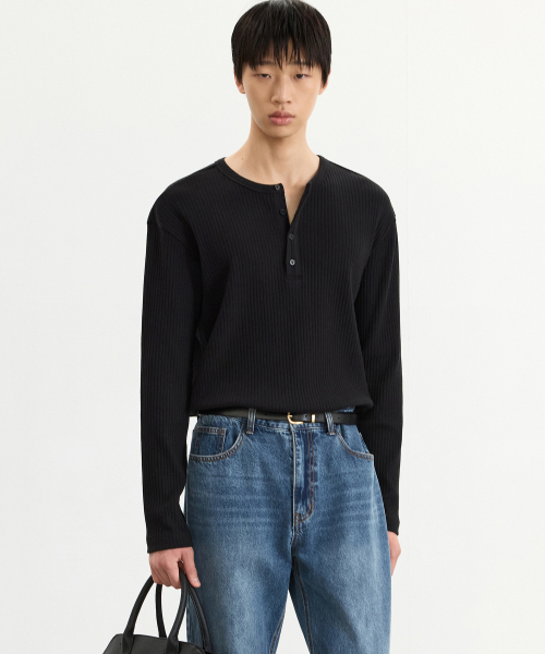 Ribbed Henley Neck T-Shirt (Black) TNTS5F100BK（Tシャツ/カットソー
