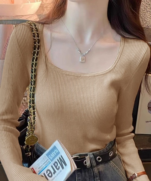 Miniministore（ミニミニストア）の「Uネックリブトップススクエアネックニット（ニット/セーター・レディース・グレー/モカ/イエロー/ピンク/ブラウン/ホワイト/ワインレッド/ブラック/アイボリー/ブルー・FREE）」の19枚目の写真