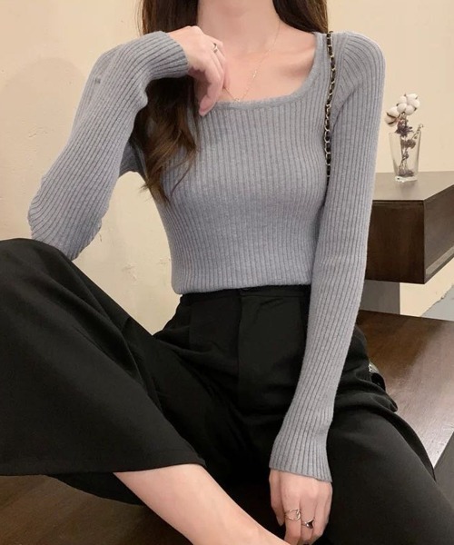 Miniministore（ミニミニストア）の「Uネックリブトップススクエアネックニット（ニット/セーター・レディース・グレー/モカ/イエロー/ピンク/ブラウン/ホワイト/ワインレッド/ブラック/アイボリー/ブルー・FREE）」の22枚目の写真
