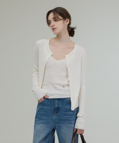 WRINKLE V NECK CARDIGAN SET [IVORY]
