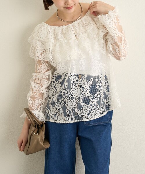Omekashi（オメカシ）の「レースラッフルブラウス（シャツ/ブラウス・レディース・オフホワイト/ブラック・FREE）」の2枚目の写真